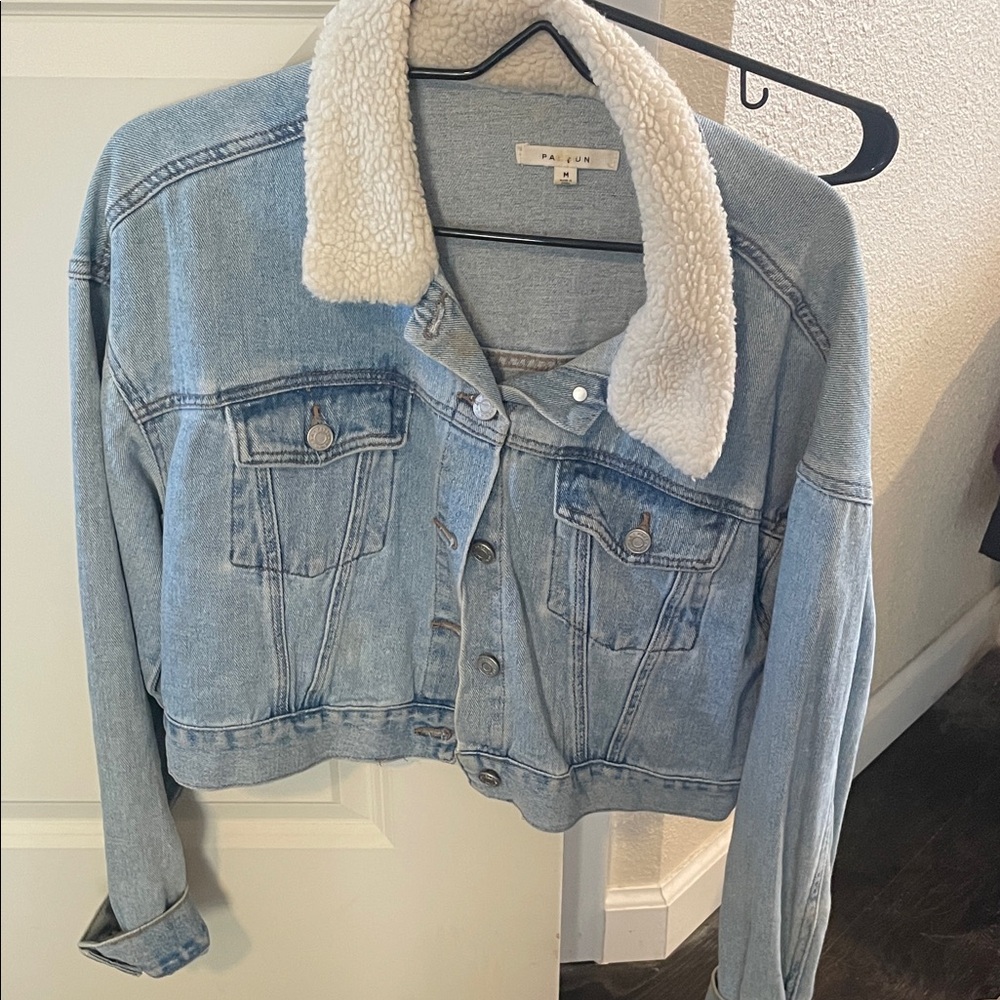 Pacsun Blue Denim Jacket with Cream Sherpa Collar